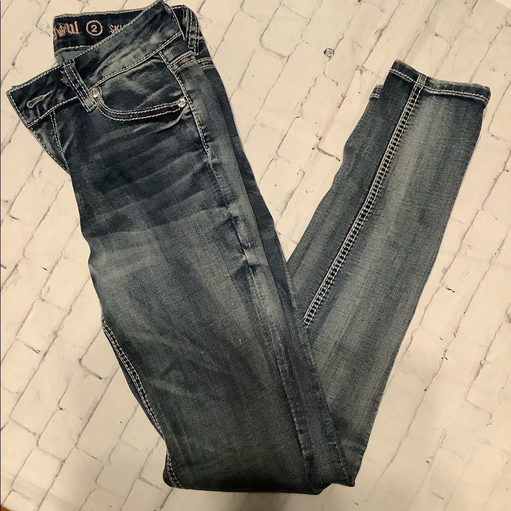 Rebel & Soul Size 2 skinny Jeans Dark blue stone wash embellished thick stitch
